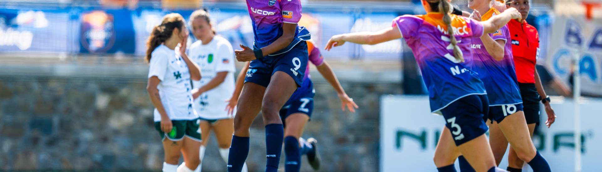 Carolina Ascent FC forward Mia Corbin celebrates after scoring a goal against Lexington SC on August 25, 2024 at American Legion Memorial Stadium in Charlotte, NC.